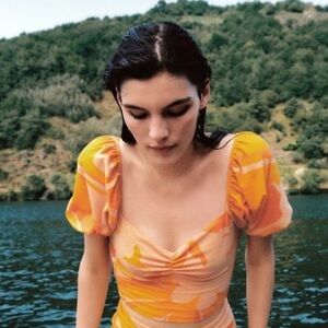 Zara Abstract Print Yellow & Orange Jacquard Puff Sleeve Crop Top Size S